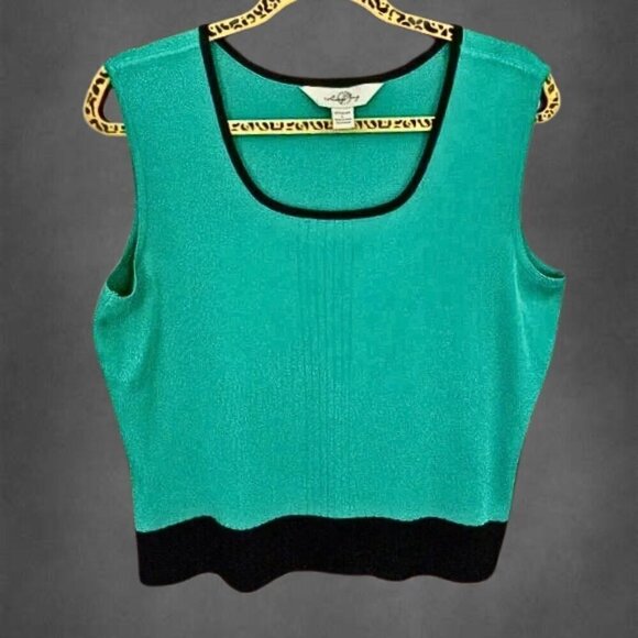 Ming Wang Tank Top Stretch Knitted Ribbed Bottom Edging Side Slits Black Green L - Picture 2 of 13